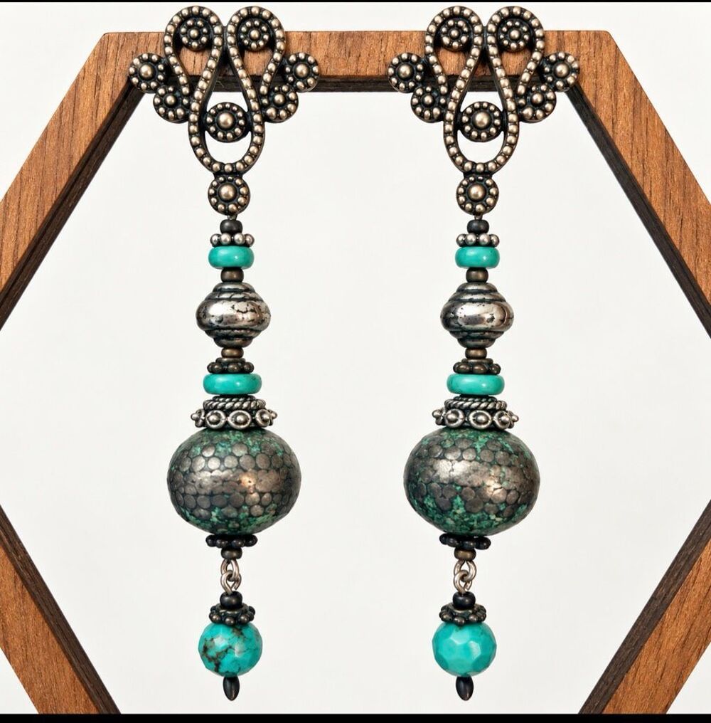 Vintage Sterling Silver Post Turquoise Beaded Long Dangle Earrings